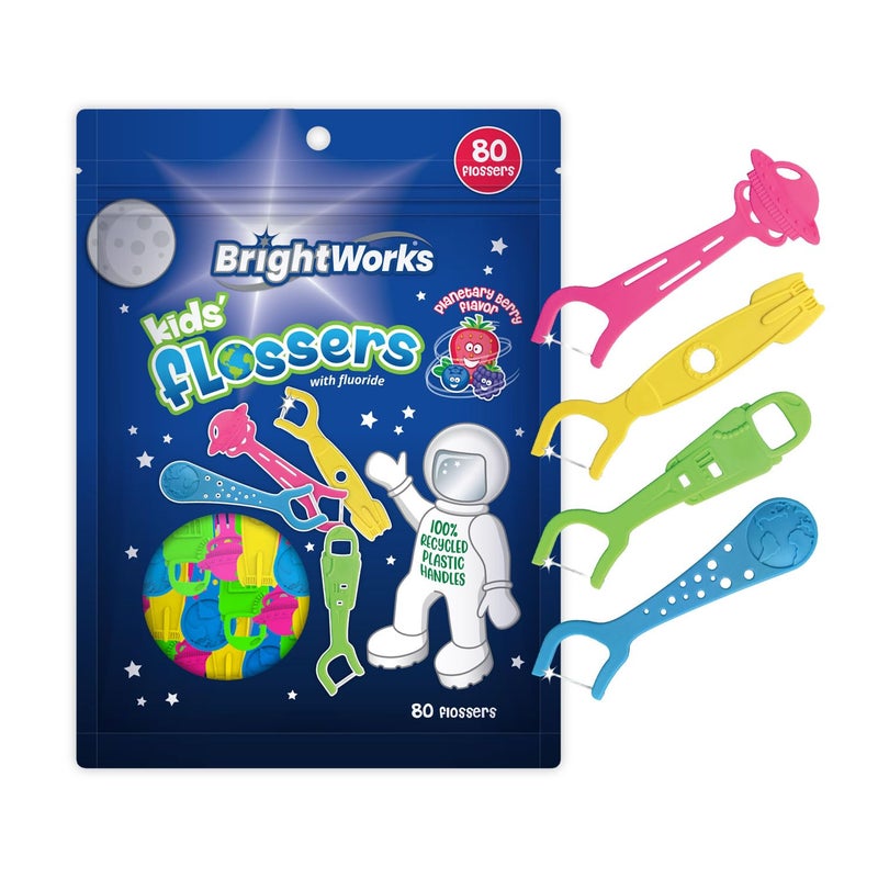 BrightWorks Kids Fun Space Flossers Mixed Berry Flavor Fluoride 240 Floss Picks Total Colorful Space Shapes Astronaut Rocketship UFO Earth 100 Recycled Plastic Material 80 Count Pack of 3
